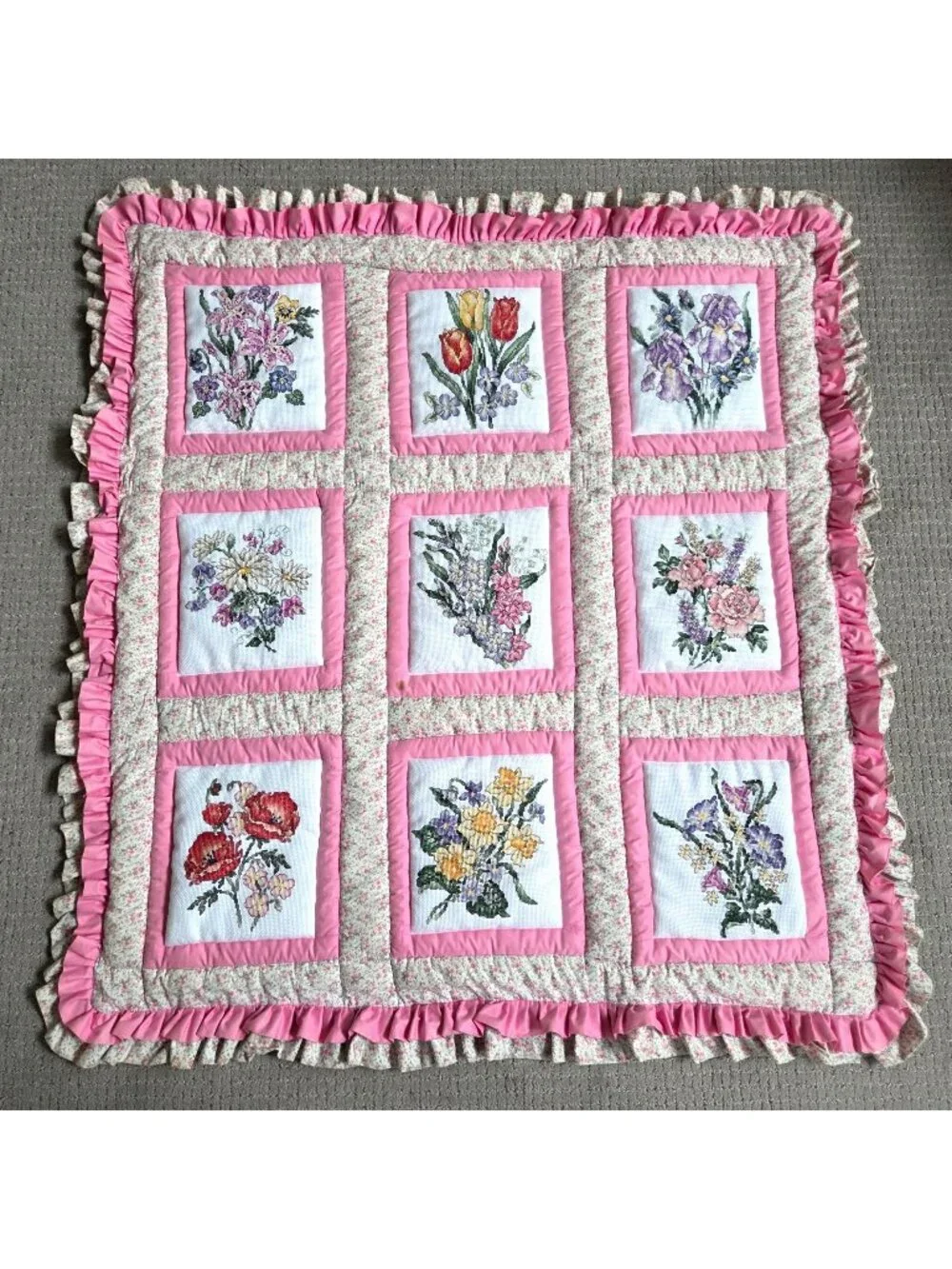 Handmade Hand Cross Stitched Embroidered Pink Floral Quilted Wall Hanging READ
